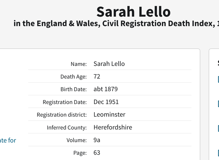 Death 1951 Sarah Lello ne Sarah Morgan daughter of Thomas Morgan