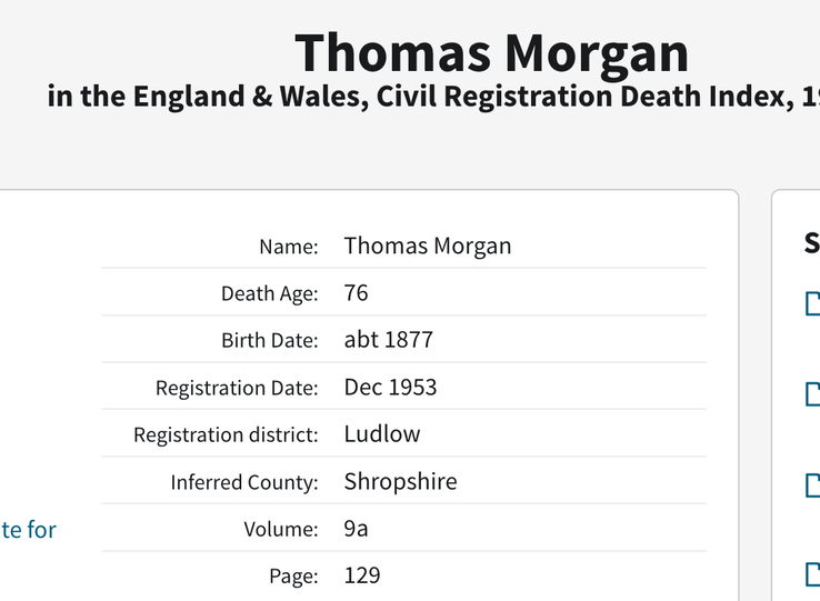 Death 1953 Thomas Morgan son of Thomas Morgan from Monkland