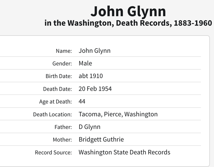 Death 1954 John Glynn born 1910 to Dennis Glynn and Bridgett Guthrie