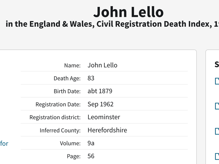 Death 1962 John Lello in Leominster age 83 husband of Sarah Jane Morgan 