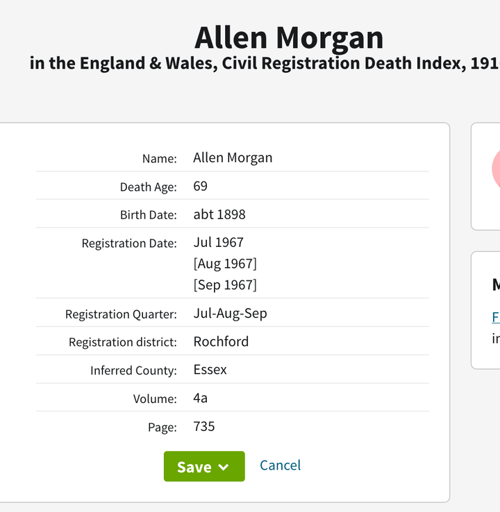 Death 1967 Allen Morgan in Essex likely son of Sarah Jane Lello