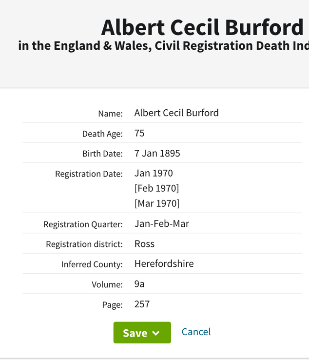 Death 1970 Albert Cecil Burford husband of Clara Lello