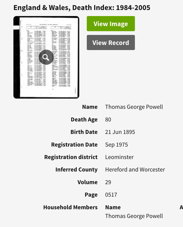 Death 1975 Thomas George Powell husband of Mary E Lello