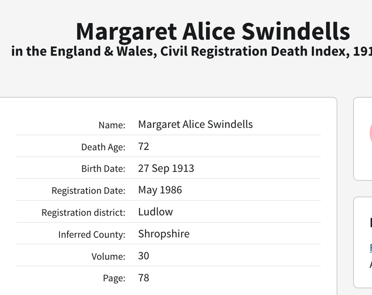 Death 1986 Margaret Alice Swindells nee Margaret A Morgan