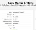 Death 1987 Annie Martha Griffiths nee Annie M Lello