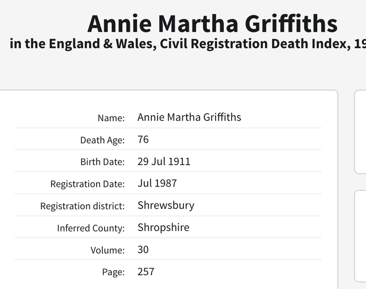 Death 1987 Annie Martha Griffiths in Shrewsbury born 1911