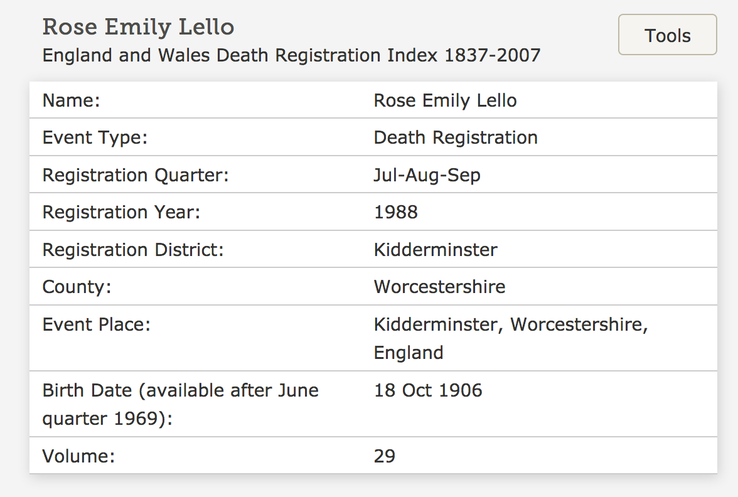 Death 1988 Rose Emily Lello wife of John Thomas Lello