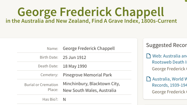 Death 1990 George Frederick Chappell (son of Jessie Chappell nee Bell)