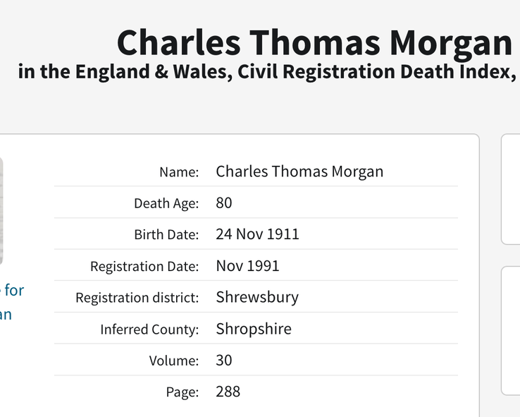 Death 1991 Charles Thomas Morgan son of Thomas Morgan from Monkland