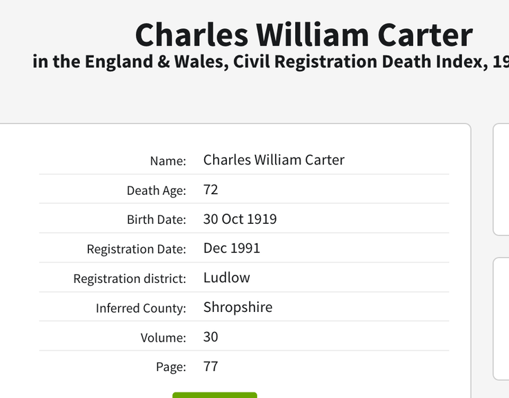 Death 1991 Charles W Carter husband of Clara E Morgan