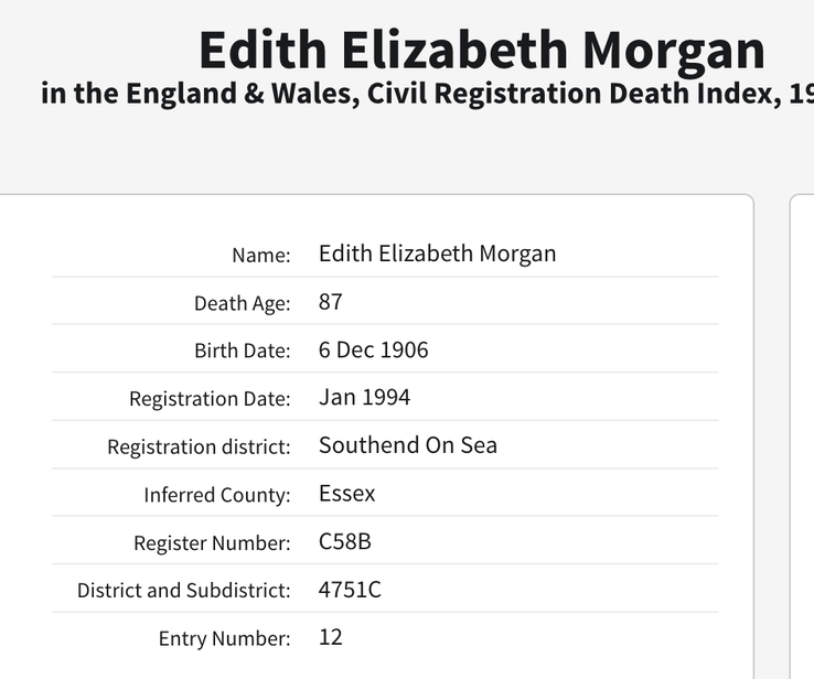 Death 1994 Edith Elizabeth Morgan wife of Allen Morgan in Essex