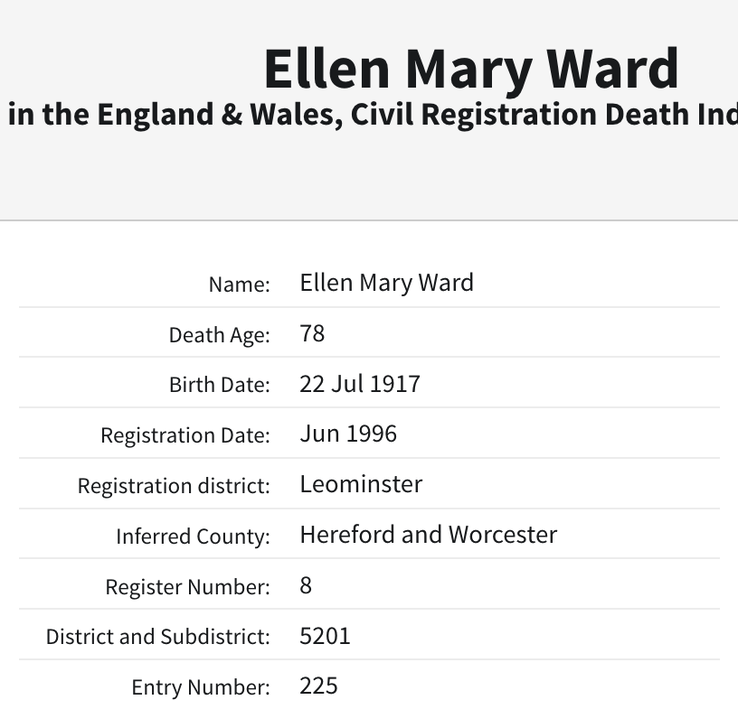 Death 1996 Ellen Mary Ward nee Ellen Morgan in Leominster 