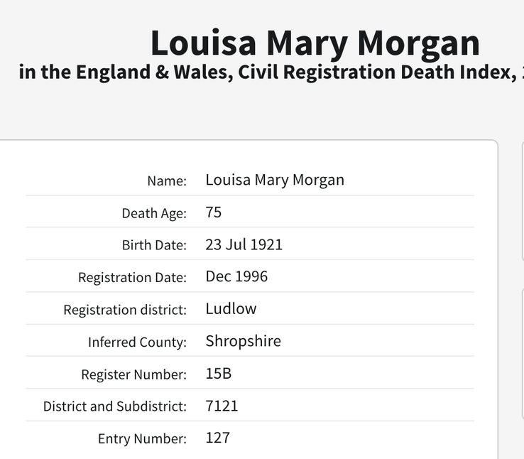 Death 1996 Louisa Mary Morgan in Shropshire wife of Charles T Morgan CHECK if Correct