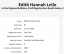 Death 1997 Edith Hannah Lello wife of George H Lello