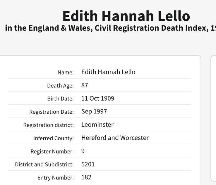 Death 1997 Edith Hannah Lello wife of George H Lello