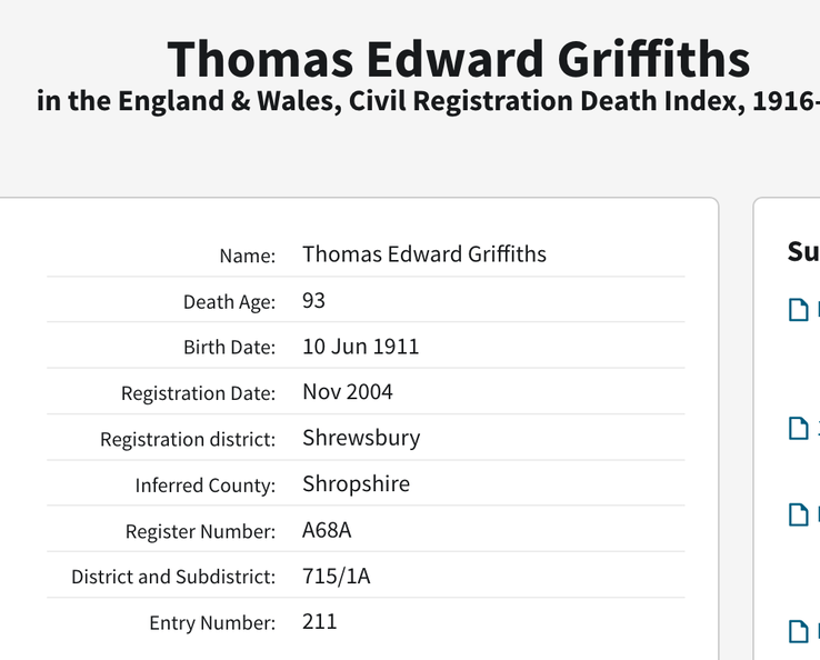 Death 2004 Thomas Edward Griffiths husband of Annie Martha Lello