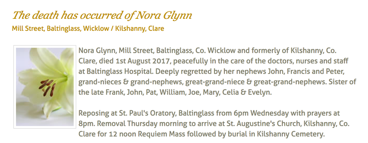 Death 2017 Nora Glynn sister to Frank, John, Pat, William, Joe, Mary, Celia and Evelyn