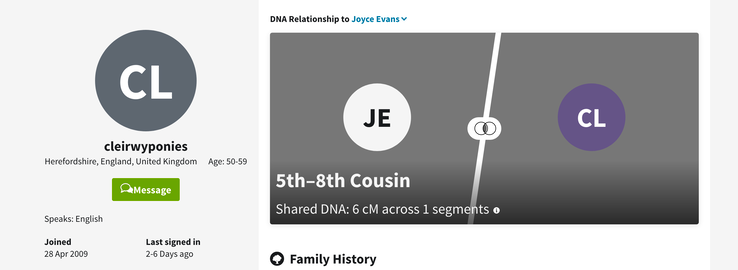 DNA match Joyce Evans to Mary Ann Davies wife of Thomas Morgan born 1877