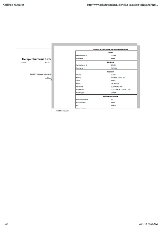 Electoral Roll 1856 Mary Glynn County Clare Griffith's Valuation