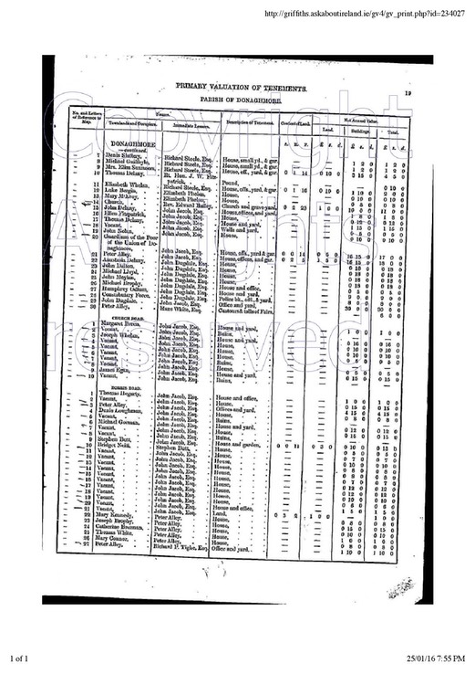 Griffiths Valuation 1850 Donaghmore and Eliza Somers (Summers)