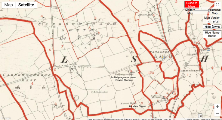 Map 1855 Griffiths Historical and Ballynagreeve House and Mary Glynn's House 