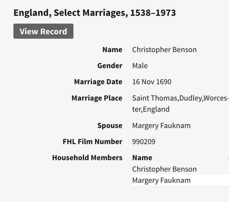 Marriage 1690 Christopher Benson to MargeryFauknam 16th November in Dudley