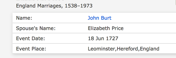 Marriage 1727 John Burt to Elizabeth Price 18th June 1727