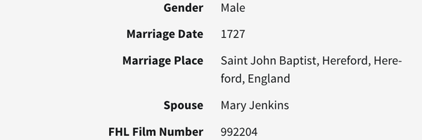 Marriage 1727 Thomas Morgan to Mary Jenkins in Hereford