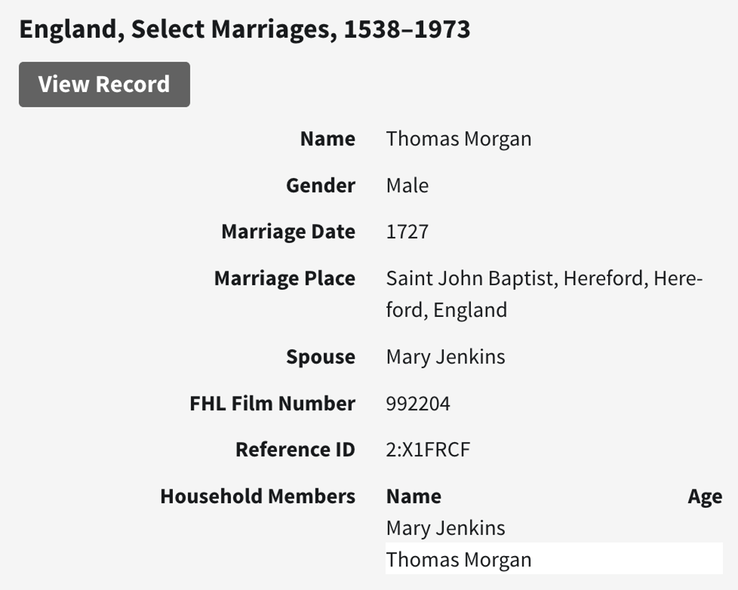 Marriage 1727 Thomas Morgan to Mary Jenkins in Hereford