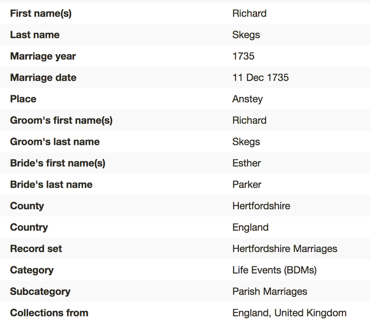 Marriage 1735 Richard Skeggs to Esther Parker 11th Dec 1735 in Anstey