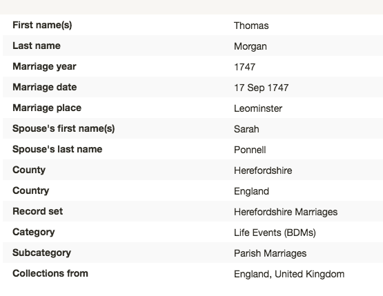 Marriage 1747 Thomas Morgan to Sarah Ponnell in Leominster ?? NOT SURE who this is