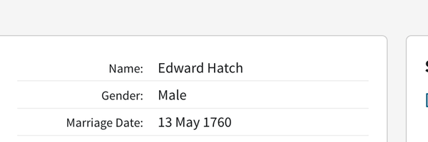 Marriage 1760 Edward Hatch to Margaret Bayliss parents of Elizabeth Hatch