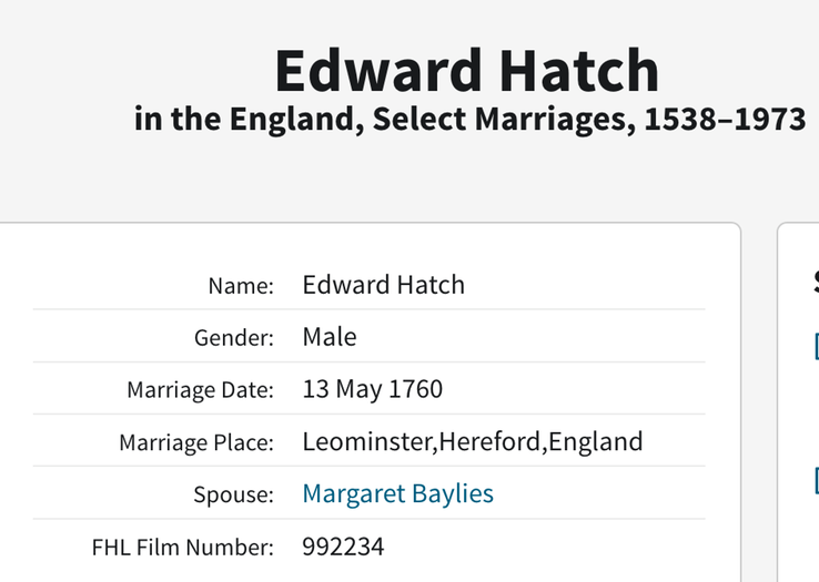 Marriage 1760 Edward Hatch to Margaret Bayliss parents of Elizabeth Hatch