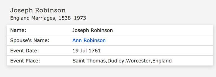 Marriage 1761 Joseph Robinson  to Ann in Dudley