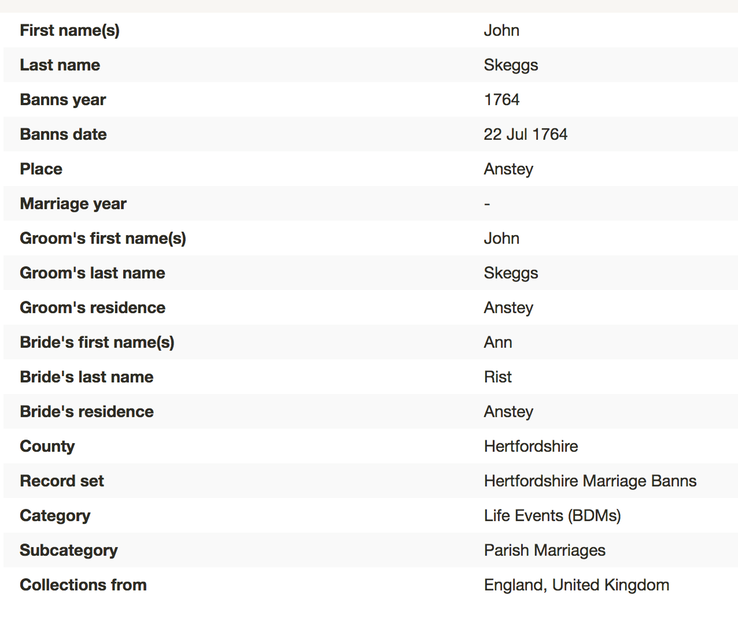 Marriage 1764 John Skeggs to Ann Rist 22nd July 1764 in anstey