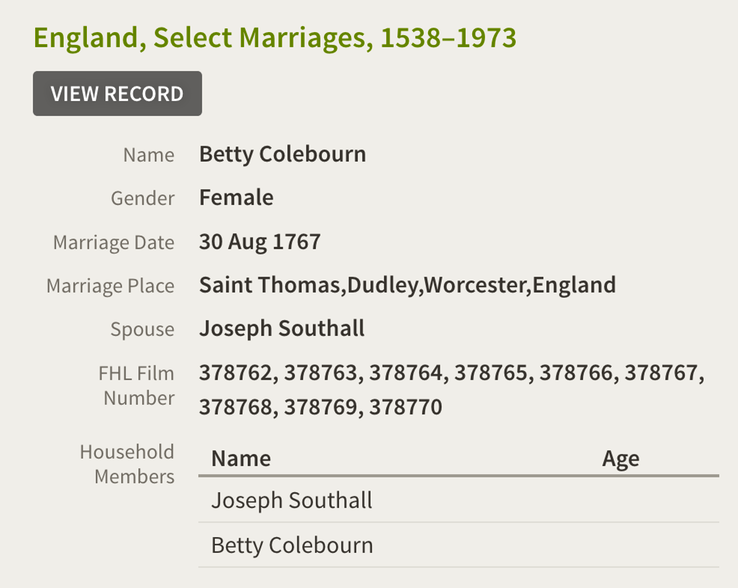 Marriage 1767 Betty Colebourn to Joseph Southall the start of the Colbourn name