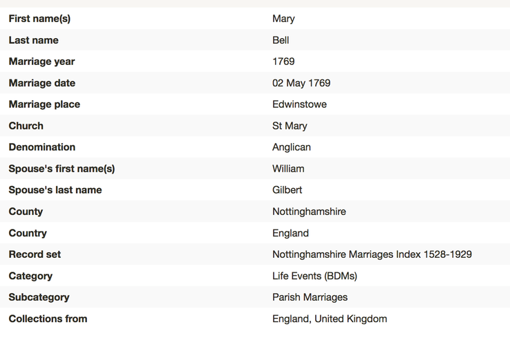 Marriage 1769 Mary Bell to William Gilbert 2nd May 1769 in Edwinstowe