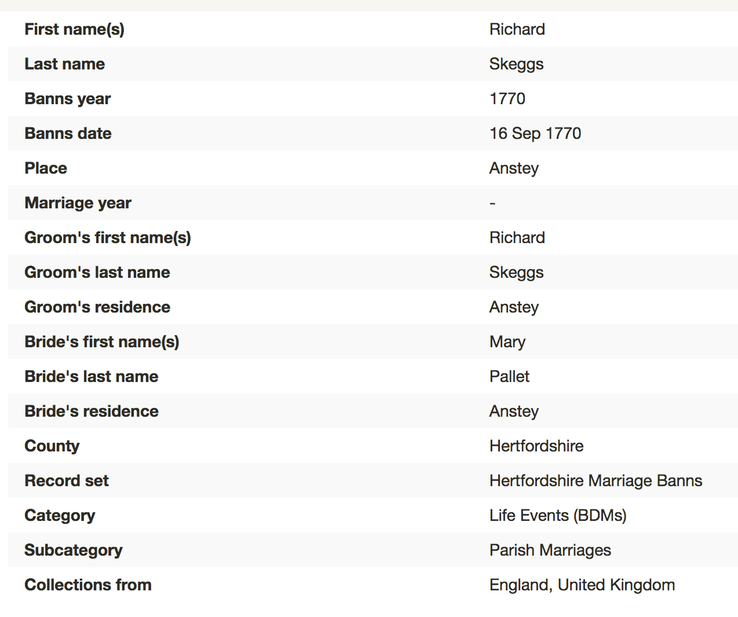 Marriage 1770 Richard Skeggs and Mary Pallet 16th Sep 1770 first Bann in Anstey