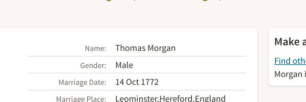 Marriage 1772 Thomas Morgan to Ann Bert in Leominster Possible parents to John Morgan born 1775