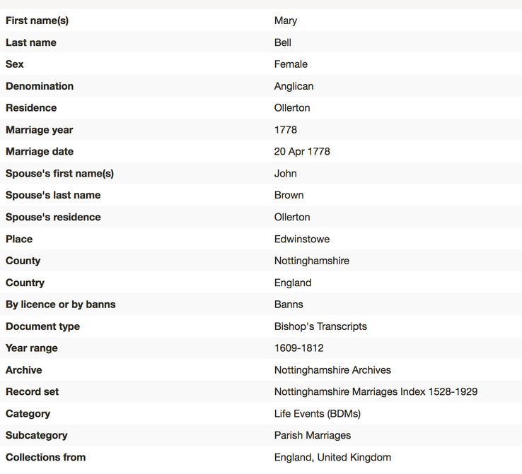 Marriage 1778 Mary Bell 20th April 1778 to John Brown - not sure which Mary