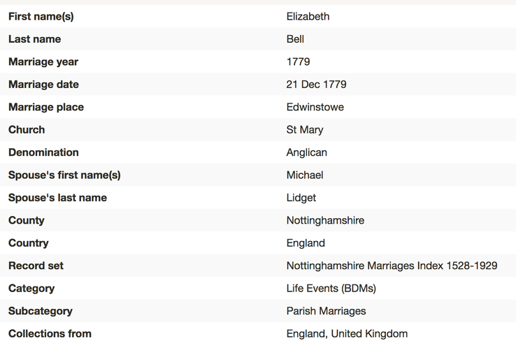 Marriage 1779 Elizabeth Bell to Michael Lidget 21st Dec 1779 in Edwinstowe