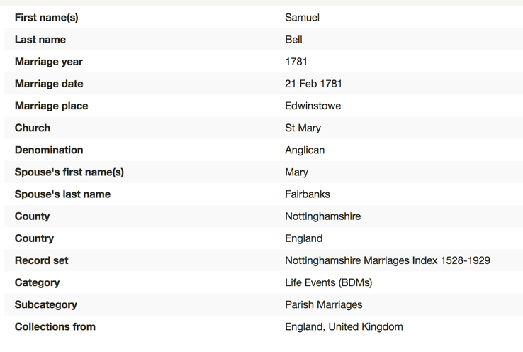 Marriage 1781 Samuel Bell to Mary Fairbanks 21st Feb 1781 in Edwinstowe