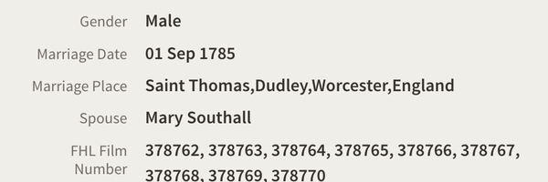 Marriage 1785 James Robinson to Mary Southall 1st Sep 1785 in Dudley