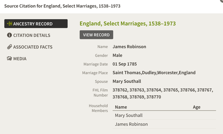 Marriage 1785 James Robinson and Mary Southall in Dudley