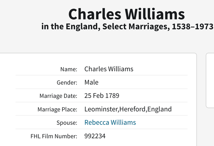 Marriage 1789 Charles Williams to Rebecca possible father and mother to Allen and John