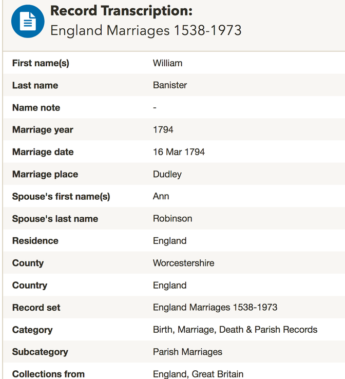 Marriage 1794 Ann Robinson to William Banister in Dudley