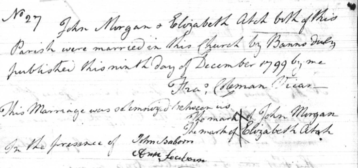 Marriage 1799 John Morgan to Ann Hatch enlarged copy