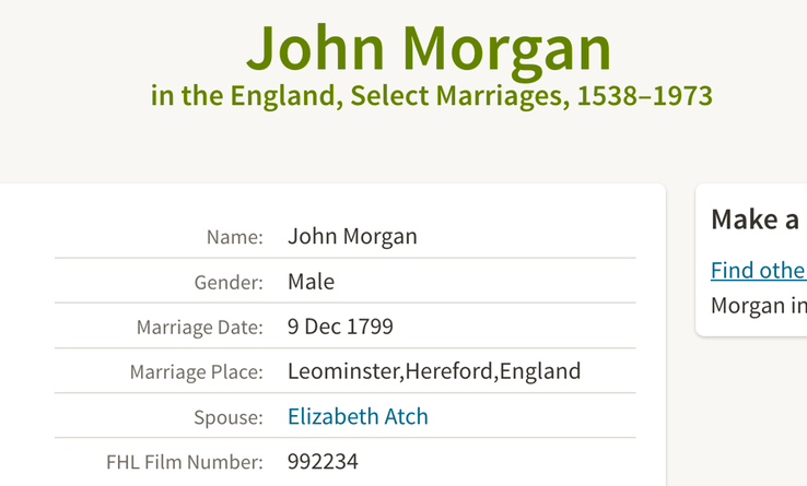 Marriage 1799 John Morgan to Elizabeth Atch in Leominster