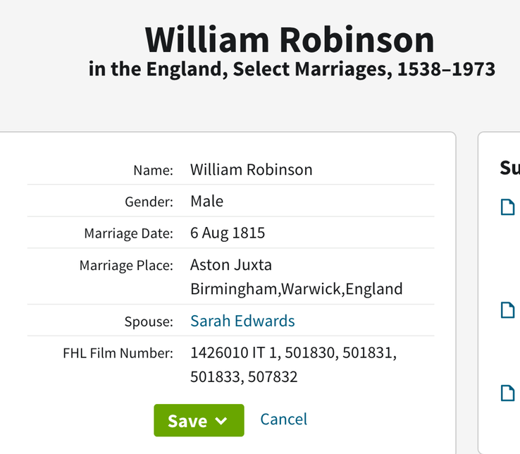 Marriage 1815 William Robinson to Sarah Edwards in Aston Juxta Birmingham