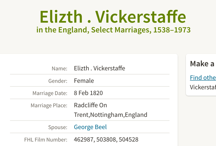 Marriage 1820 George Bell to Elizabeth Vickerstaffe at Radcliffe on Trent George is brother of John Bell 1797